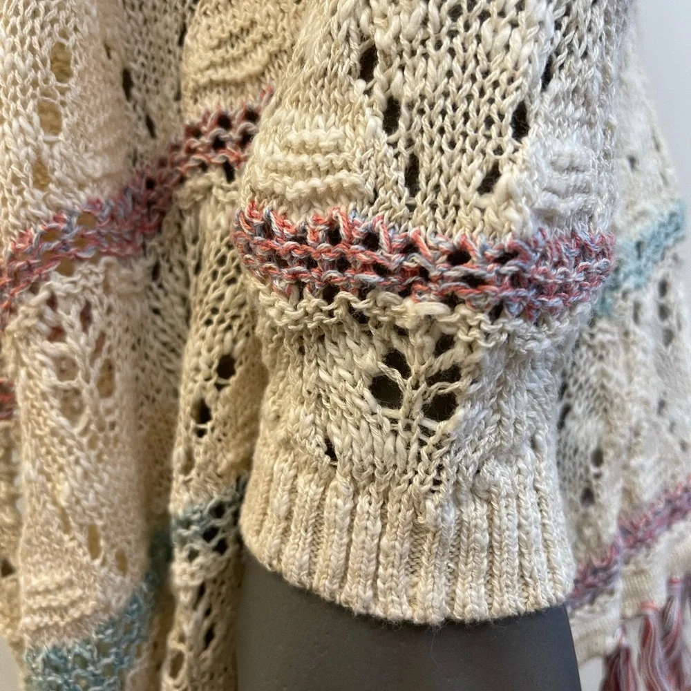 Maurices Sweater Cardigan L Open Front Open Knit Striped Tasseled Hem Waterfall